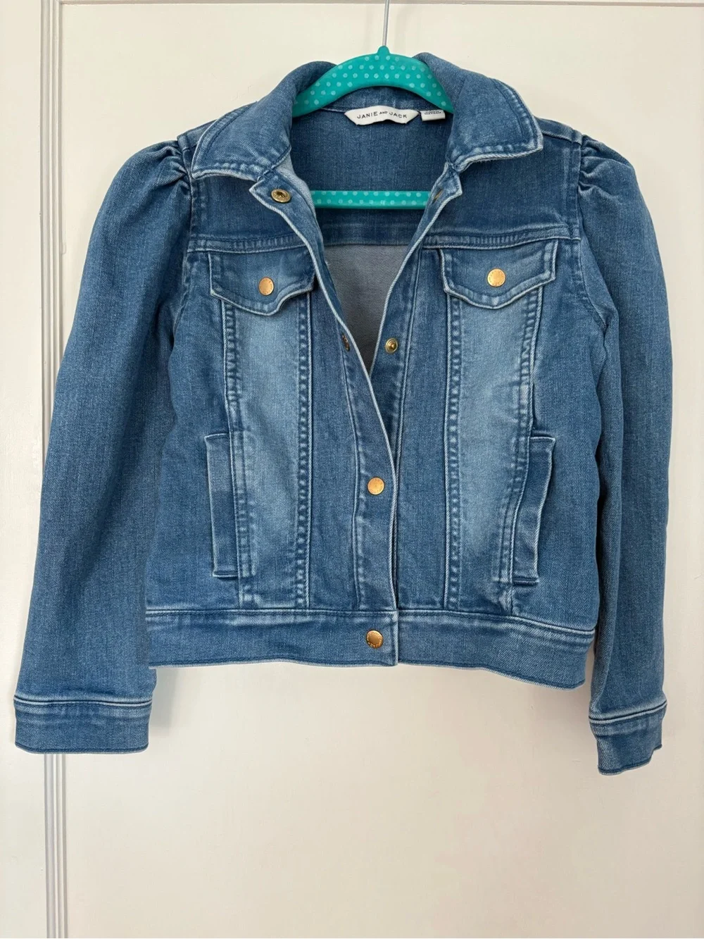 Janie and Jack Girls' Mid Wash Denim Jacket with Puff Shoulders - Blue size 5-6